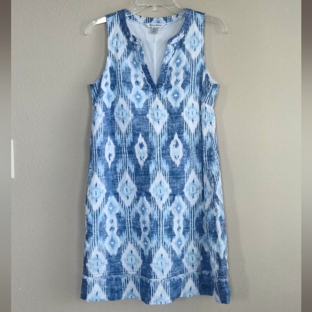 Tommy Bahama Size XS Blue and White Sleeveless Dress Linen And Cotton
